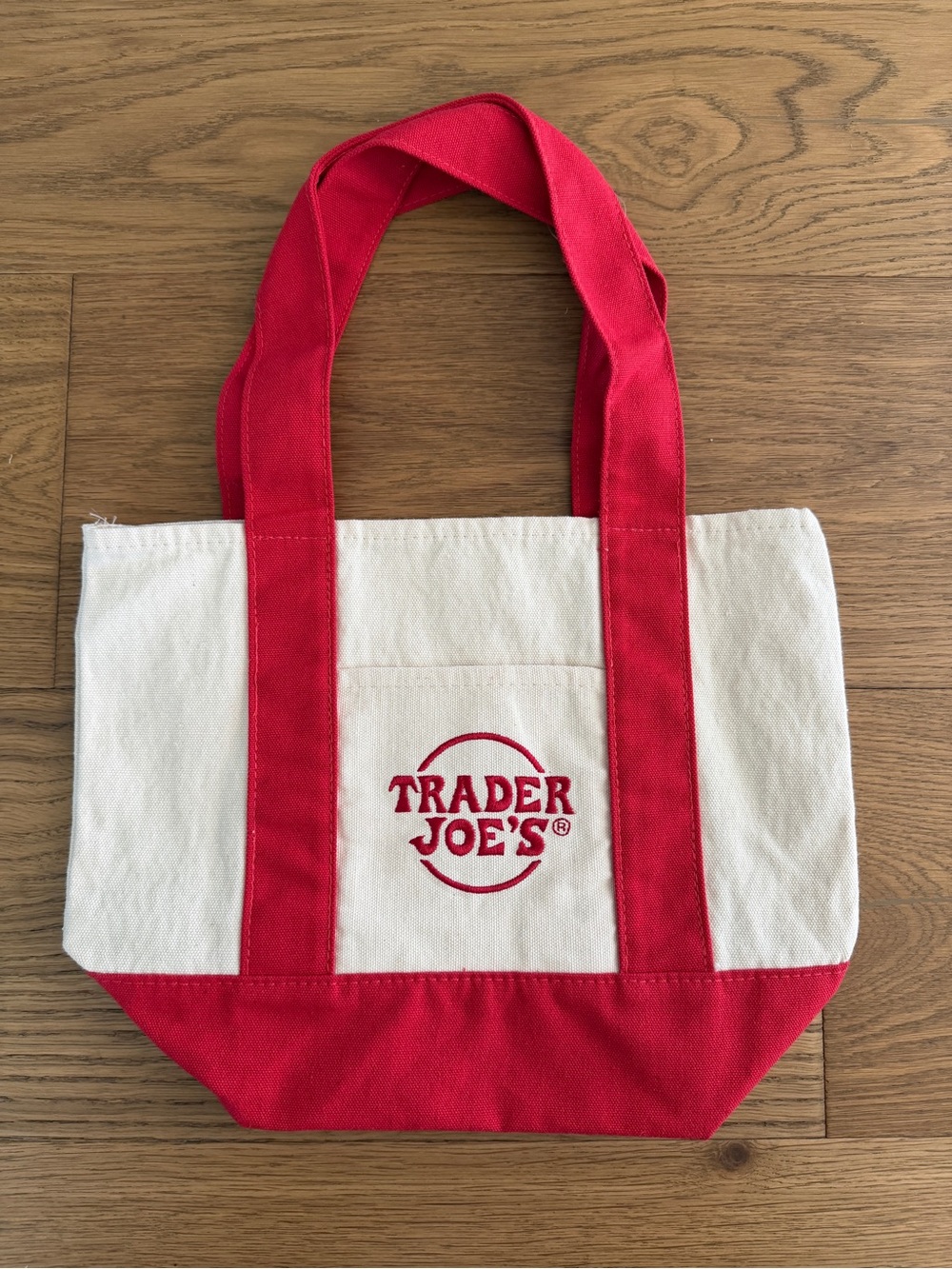 Trader Joe’s mini Canvas Tote Bag in red and Cream never used but tags are off
